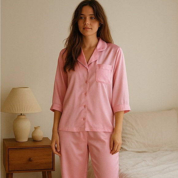 Vintage Jessica Intimates 80s 90s Pink Satin Pyjama Loungewear Set S - Picture 1 of 15